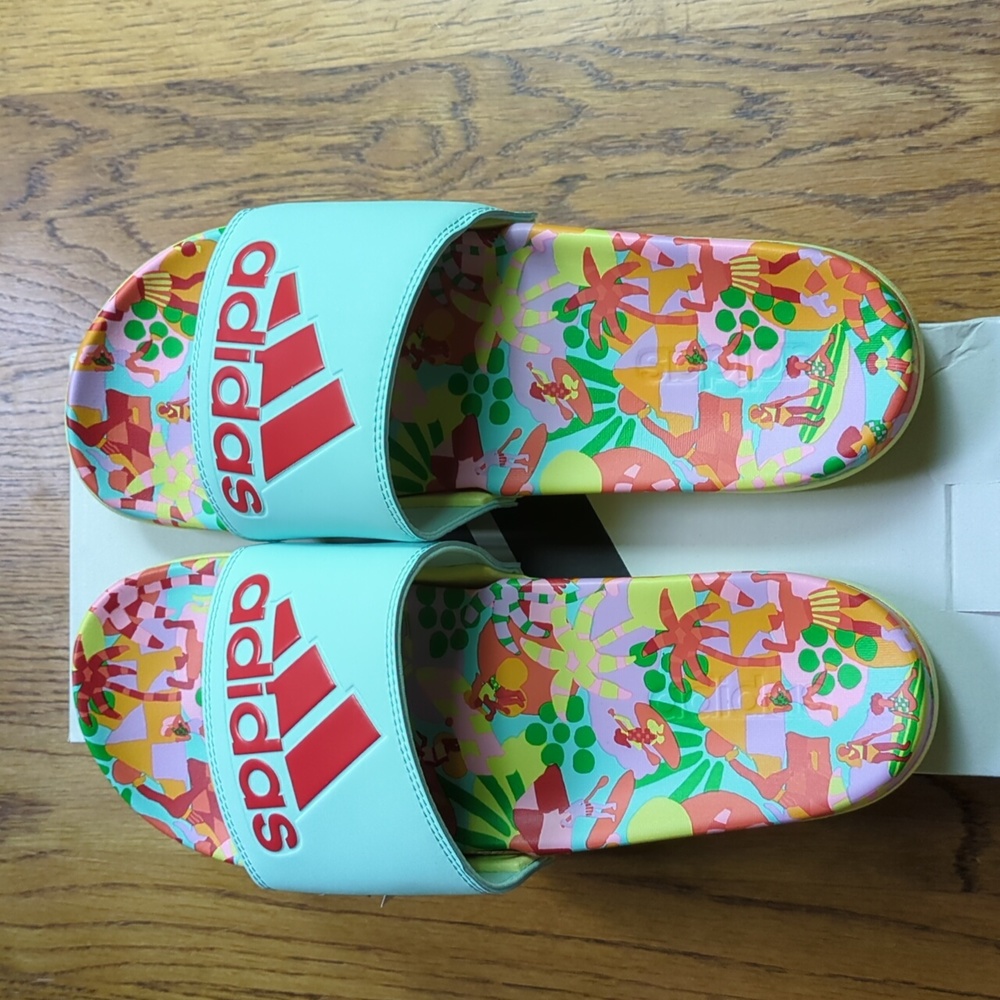 NIB FARM Rio Slide Sandals Adidas Collaboration Women's Size 10 Blue Beach Print - Picture 6 of 14